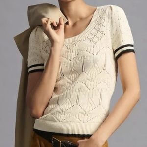 Maeve for Anthropologie Cream/Ivory & Black Knit Pullover Top Puff Sleeve